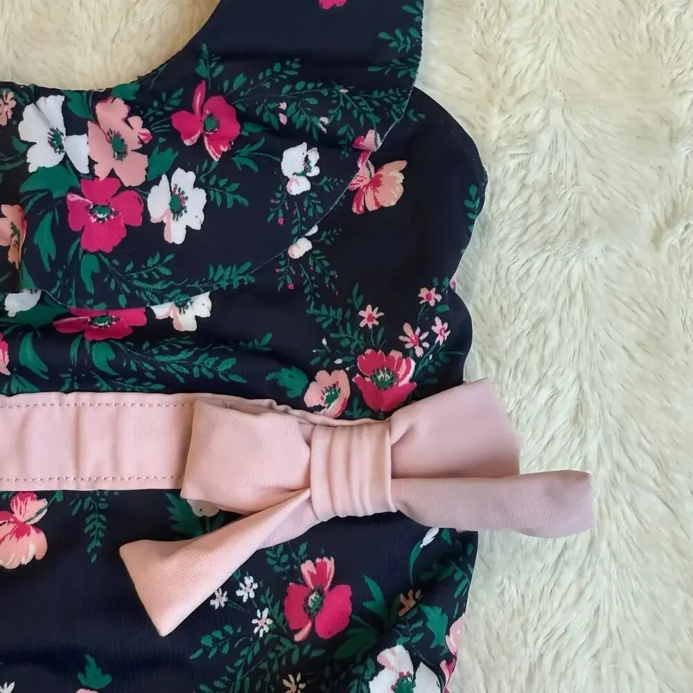 Janie Jack Swimsuit One Piece Navy Blue Pink Ruffle Bow Baby Girl 6-12 Months
